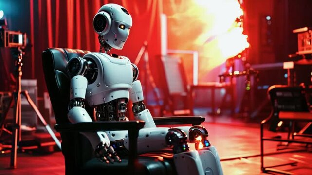 A robot in the director chair on a film set. The concept of artificial intelligence.