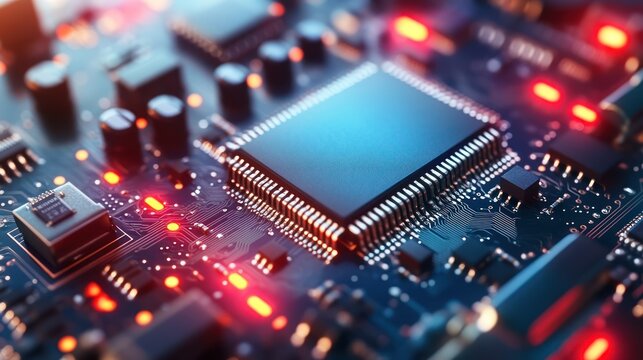 Close-up CPU glowing circuit board, data center, processing, technology