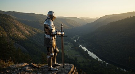 Silver Armored Knight Contemplates the Serene Valley Vista at Dawn Horizon