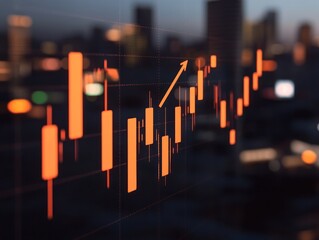 Orange stock market chart with upward arrow against a blurred city skyline at night time view