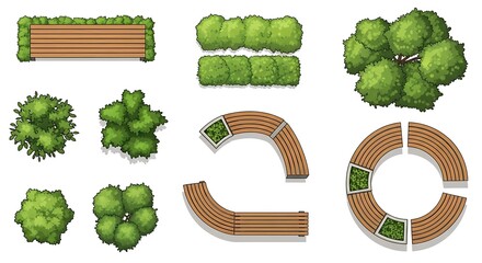 Top-Down View Park Bench, Tree, and Shrub Illustrations for Landscape Design