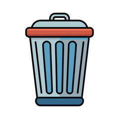 Simple cartoon illustration of a blue trash can with a red rim and lid