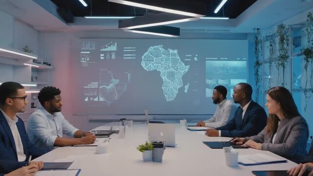 A diverse team of professionals collaborates in a modern boardroom discussing data analytics and global market strategies on a large display screen. - Powered by Adobe