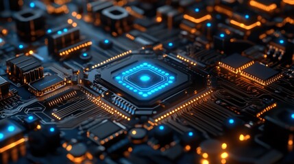 Fototapeta premium Illuminated CPU on Motherboard, Tech Background, Data Processing