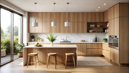 Minimalist kitchen interior design with white cabinets and wooden countertops in neutral tones, modern furnishing concept with natural lighting and details. 3D Rendering 