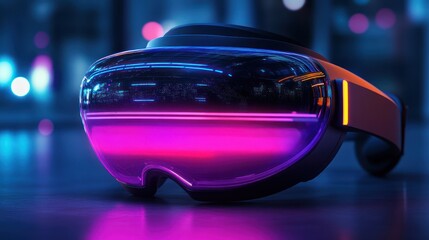 Futuristic VR headset, neon city backdrop, product shot