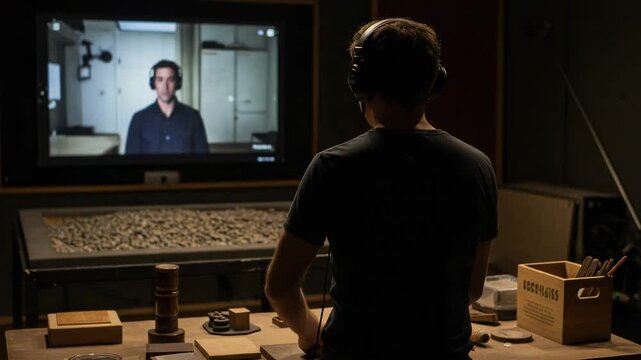 Man from behind wearing headphones in a dark foley studio. Sound engineer creating audio effects for a video on a large screen.