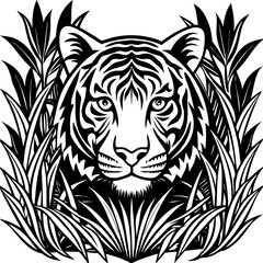 Intricate tiger face peeking through dense jungle foliage in bold black and white, perfect for nature-themed branding and wildlife designs.