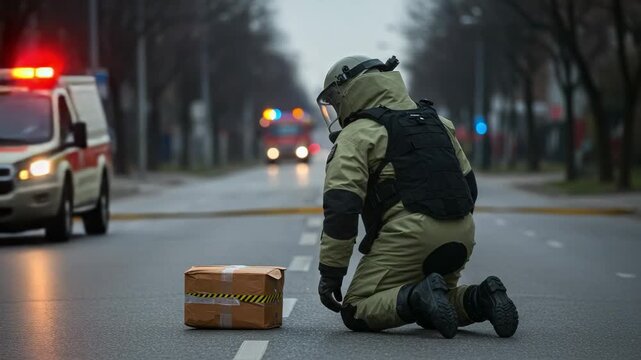 EOD technician in a bomb suit kneels on a street to inspect a suspicious package. A tense scene with a police car in the background.