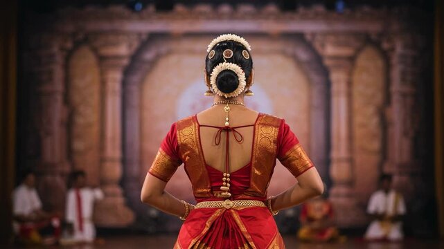 Back view of a female Indian classical dancer in a traditional red and gold costume. Woman performing Bharatanatyam on a stage during a cultural event.
