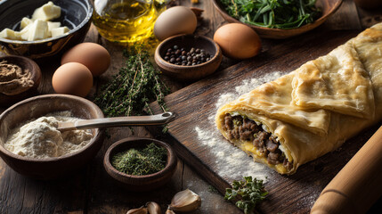 The preparation of a savory stuffed pastry filled with egg, meat, and spices, cooked on a pan