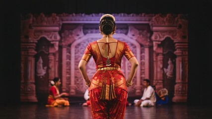 Indian classical dancer from behind in a traditional red and gold costume. Female performer in a powerful pose on a theater stage during a cultural arts festival.