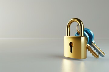 Fototapeta premium A prominent gold padlock surrounded by several blue keys on a blue and white background represents the idea of access or security. 3D Production