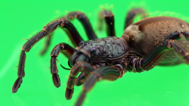 Detailed Macro Close-up of a Large Hairy Brown Spider on a Bright Green Background, Showcasing Arachnid Features and Texture