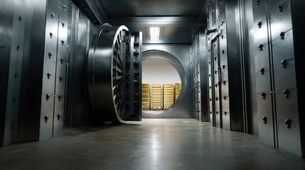 Inside  bank vault  open circular door reveals stacked bars of gold bullion