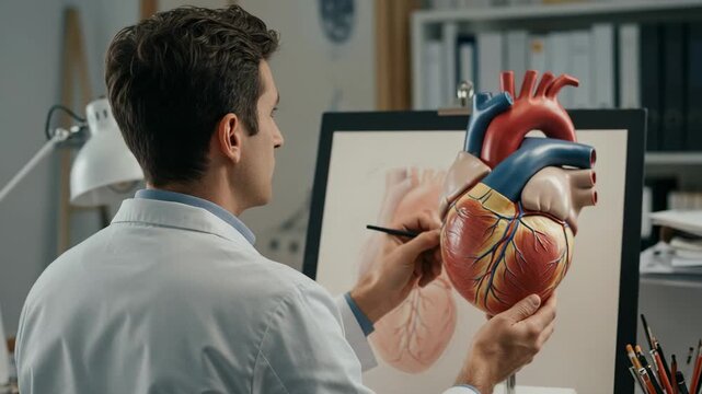 Male doctor studying a human heart model. Medical professional or student learning cardiology and anatomy in a clinic or office.