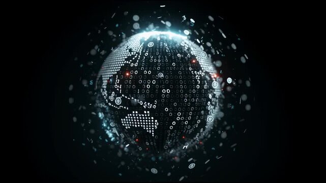 A glowing digital sphere made of binary code floats in darkness, symbolizing data and global connectivity.