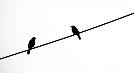 Silhouette Birds on a Wire Against a Crisp White Backdrop, Minimalist Charm