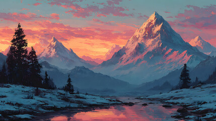 Majestic snow capped mountains sunrise vibrant art
