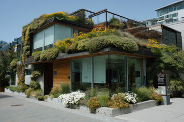 Fototapeta premium contemporary architectural facade showcasing innovative designs featuring homes with green roofs and vertical