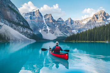 a man in a red canoe paddling across a lake