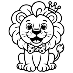 A smiling cartoon lion cub wearing a crown and a polka-dot bow tie.