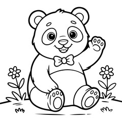 Fototapeta premium Cartoon panda bear sitting, wearing a bow tie, waving, with flowers and grass around it.
