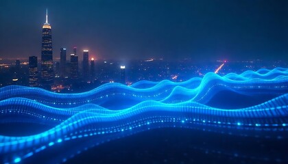 Modern cityscape at night with glowing blue data waves conveying network connections and futuristic communication.