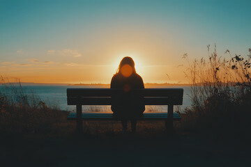 a person sitting on a bench looking at the sunset