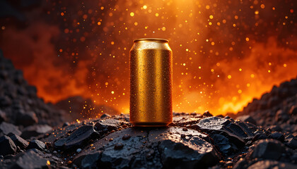 Golden Can Amidst the Fire: A lone, gleaming gold can stands resilient amidst an apocalyptic firestorm. A striking illustration of resilience and fortitude.