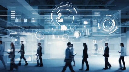 Business professionals walk in futuristic office, data visualization overlays create a concept of connectivity, technology and modern business insights - Powered by Adobe