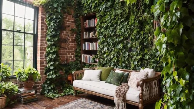 Cozy reading nook with brick wall covered in cascading ivy and trailing vines 