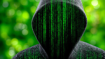 A hooded figure with a digital matrix overlay