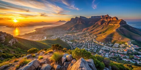 Naklejka premium Sunset over Table Mountain from Lion's Head with Cape Town skyline and Twelve Apostles mountains in the background