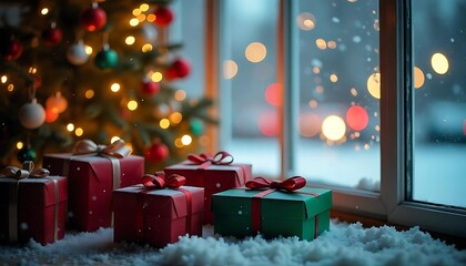 Cozy Christmas presents under the decorated tree with snowy window view creates a festive and warm holiday atmosphere.