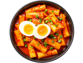 Top View of Spicy Tteokbokki with Halved Boiled Egg and Chopped Scallions – Transparent PNG