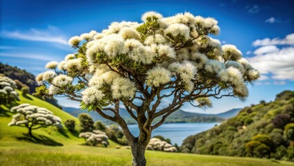 A New Zealand native tree with blooming white flowers