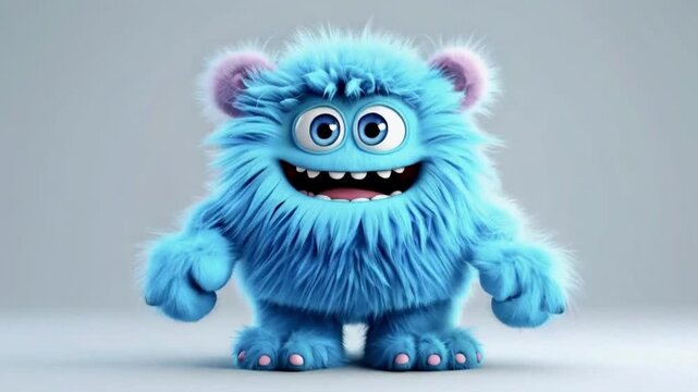 Cute blue furry monster 3D cartoon character 