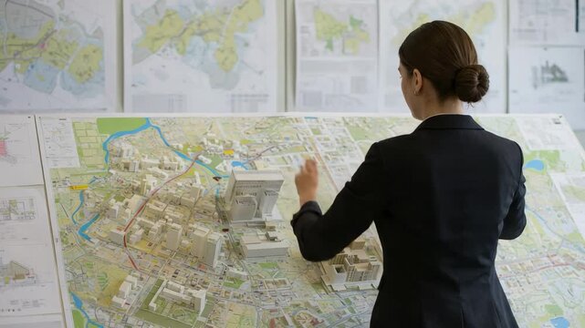 Female architect from behind analyzing a 3D city model. Professional urban planner working on a new development project in an office.