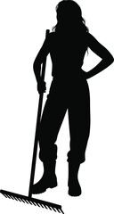 Female gardener silhouette holding rake, standing in boots, black vector illustration for farming, landscaping, agriculture, outdoor, and garden maintenance design