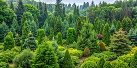 Dense foliage of various evergreen and deciduous trees and shrubs in a forested landscape