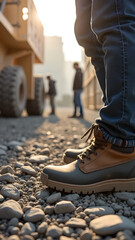 Workers wearing safety shoes in factory or construction site. Work safety concept. Vertical image