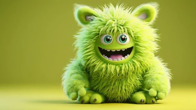 Cute lime color furry monster 3D cartoon character