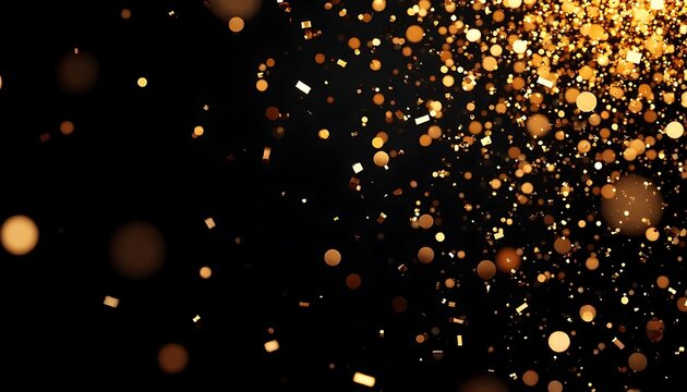 Golden confetti showers against a deep, rich black background, creating a festive and luxurious design element perfect for celebrations.