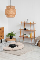 Interior of living room with shelf unit and glucophone
