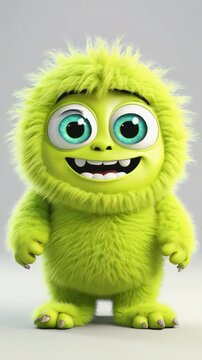Cute lime color furry monster 3D cartoon character