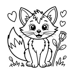 Obraz premium Cute fox illustration with hearts and a flower, outlined for coloring.