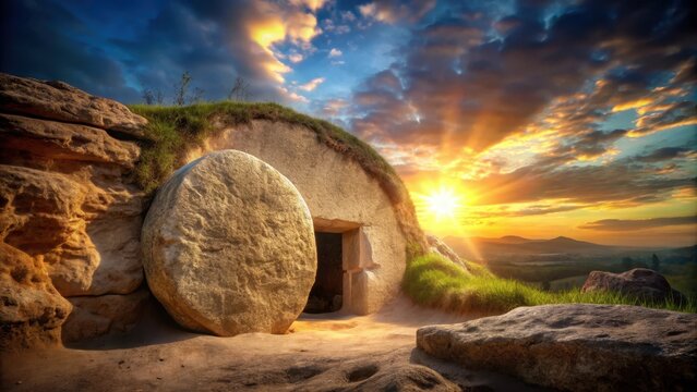 Empty tomb with stone rolled away