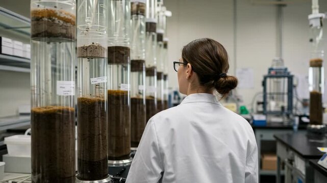 Female scientist in a lab coat observing soil columns for a research experiment. Environmental science, geology, and agricultural analysis in a laboratory.