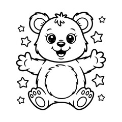 Fototapeta premium Cute cartoon bear with open arms surrounded by stars, in a black and white outline illustration.